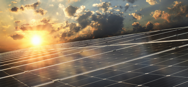 solar panel with sunset background. concept clean energy