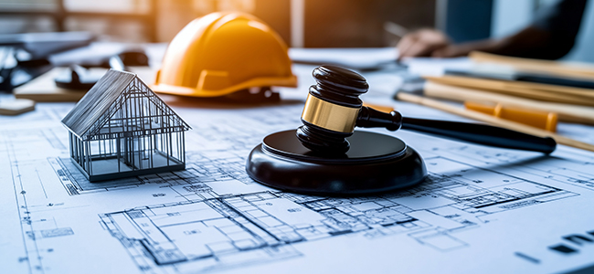 A gavel resting on an architectural plan, with a hard hat and a